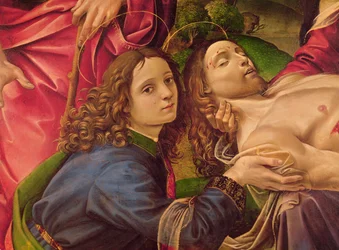 La lamentation du Christ, détail de la tête du Christ et de Saint Jean-Baptiste (détail)